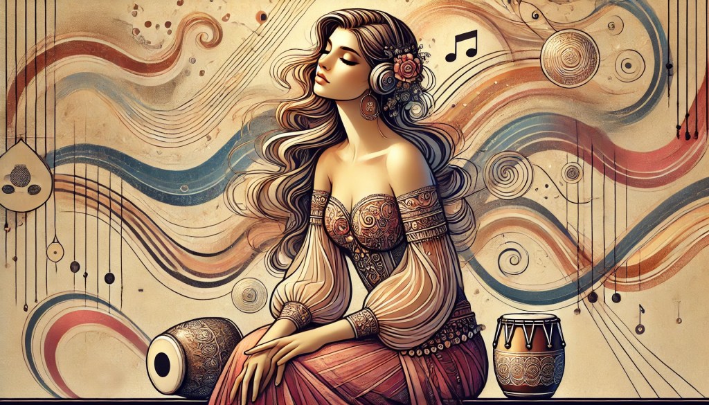 una danzatrice del ventre seduta e vicino una darbuka