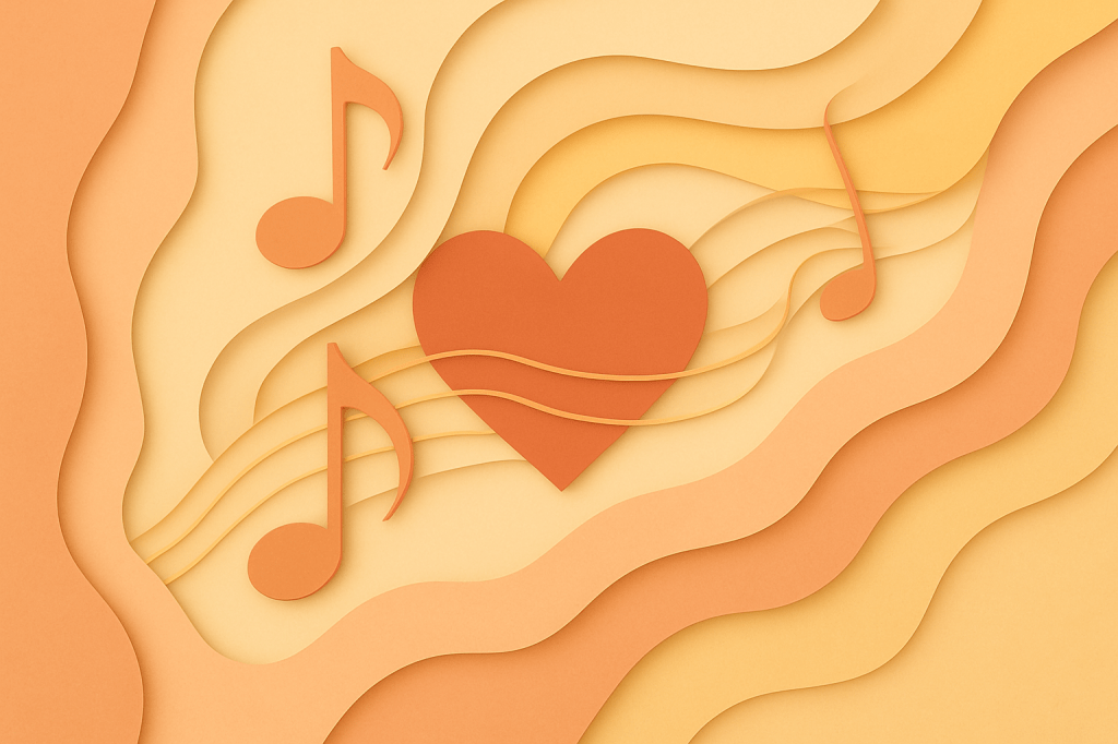 un cuore e delle note musicali stile cartoncino