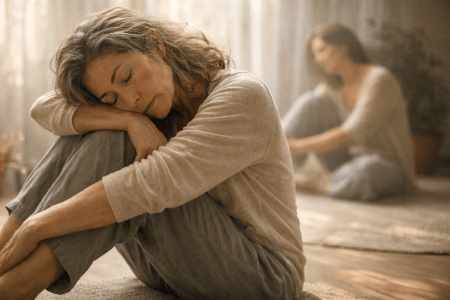 una donna seduta a terra si riposa e ascolta il proprio corpo