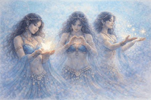 la stessa danzatrice in tre pose diverse delle mani