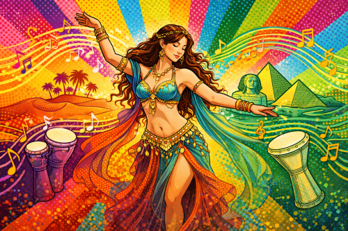 danzatrice e strumenti musicali arabi stile pop art