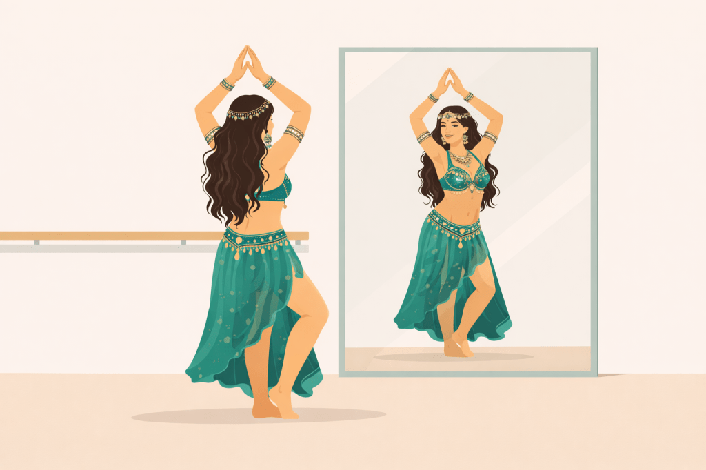 danza del ventre, danza orientale una danzatrice si allena a danzare davanti allo specchio