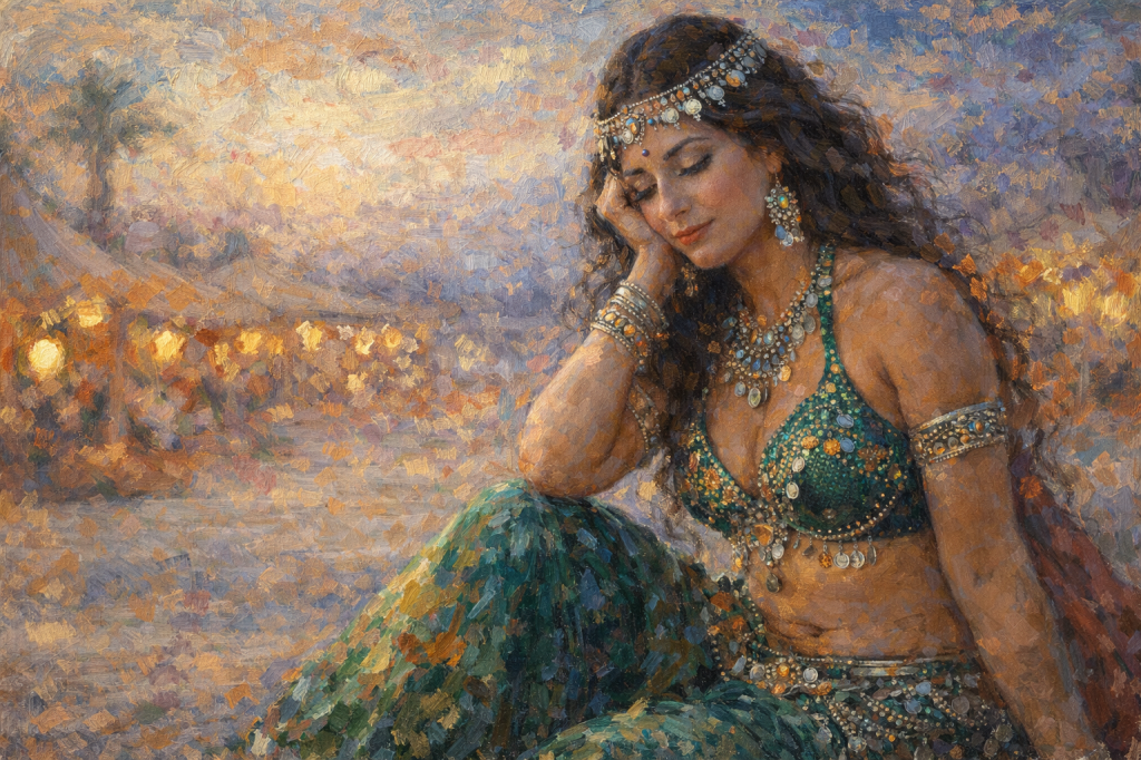 danza del ventre, danza orientale una danzatrice seduta ascolta il suo sentire