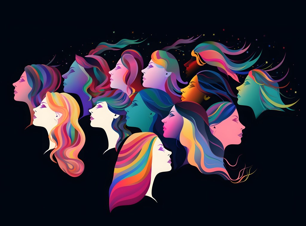 visi di donne disegnati e colorati di arcobaleno