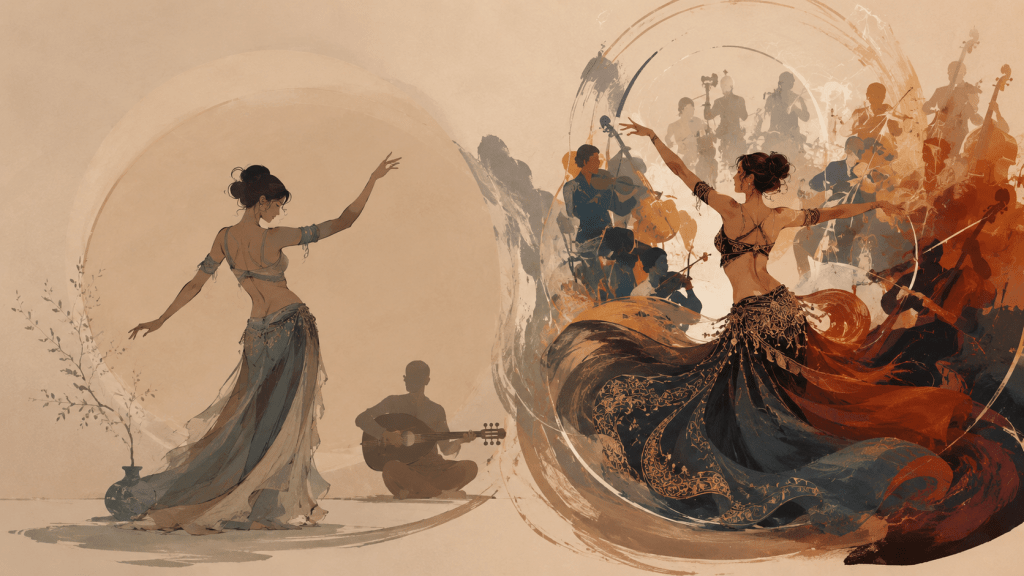 una danzatrice danza con strumento solista e l'altra con orchestra