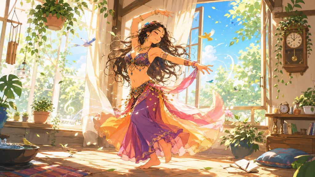 danzatrice si allena in una stanza luminosa piena di sole e rumori